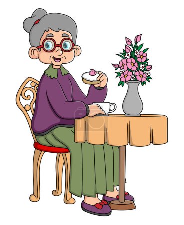 old woman drinking coffee in cafe or restaurant of illustration