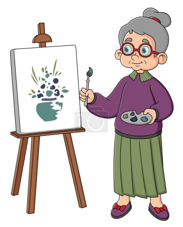 Illustration for An elderly woman artist draws a picture at the easel. Pensioner painting a landscape Sunset in watercolor and oil. Brushes and palette in the hands of artist, creativity, hobby. Vector illustration - Royalty Free Image