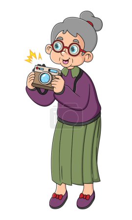 Téléchargez les illustrations : Une femme plus âgée photographe prenant des photos avec un appareil photo en voyage. Touriste âgé avec des cheveux gris d'illustration - en licence libre de droit