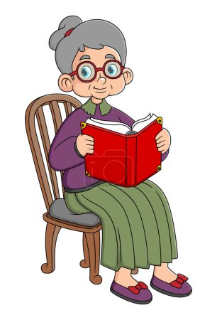 Téléchargez les illustrations : Vieille femme dans un fauteuil à bascule lisant un livre d'illustration - en licence libre de droit