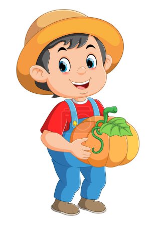 Illustration for Farmer cartoon character. Cheerful farmer holding pumpkins of illustration - Royalty Free Image