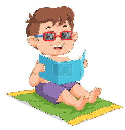 Téléchargez les illustrations : Dessin animé petit garçon relaxant et lisant carte de l'illustration - en licence libre de droit