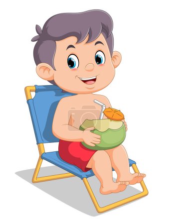 Illustration for Cartoon little boy relaxing with coconut drink on beach chair of illustration - Royalty Free Image