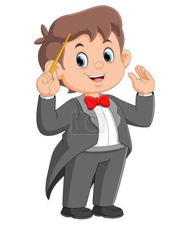 Illustration for Cartoon boy conductor directing with baton of illustration - Royalty Free Image