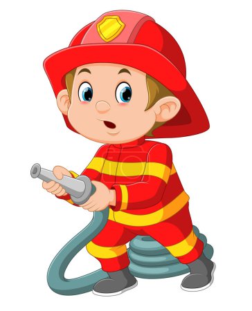 Téléchargez les illustrations : Pompier de bande dessinée tenant un tuyau d'incendie d'illustration - en licence libre de droit