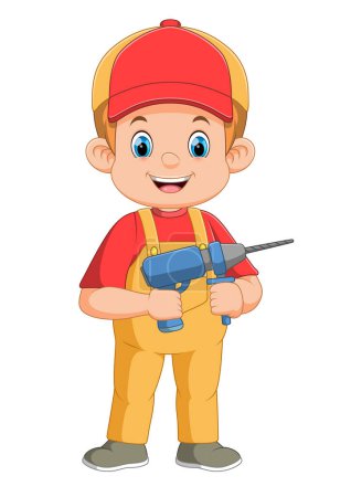 Illustration for Cartoon mechanic holding a drill tool of illustration - Royalty Free Image