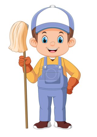 Illustration for A man cartoon character cleaner holding mop of illustration - Royalty Free Image