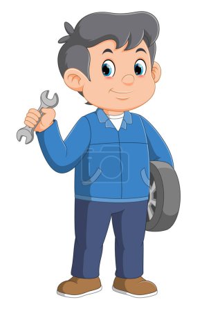smiling Cartoon Car mechanic, holding wrench and tire of illustration