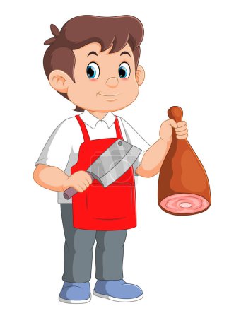 Illustration for Young butcher cut the meat, butcher shop, cartoon character of illustration - Royalty Free Image