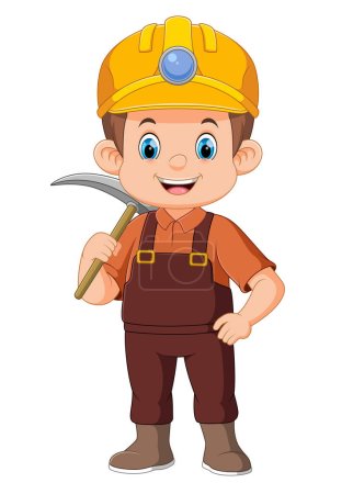 Illustration for Young miners posing with a pickaxe on his shoulder and smiling happily of illustration - Royalty Free Image