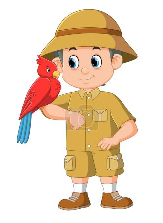 Téléchargez les illustrations : Un gardien de zoo jouant avec un oiseau isolé sur fond blanc d'illustration - en licence libre de droit