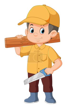 Ilustración de Un joven carpintero sosteniendo sierra y madera de ilustración - Imagen libre de derechos