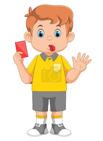 Illustration for Cartoon football referee with headset blowing whistle, holding red card of illustration - Royalty Free Image