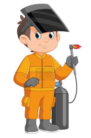 Illustration for Young welder cartoon in action with smile of illustration - Royalty Free Image