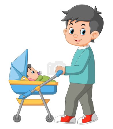 Ilustración de Joven sonriente padre caminando con su bebé en cochecito de ilustración - Imagen libre de derechos