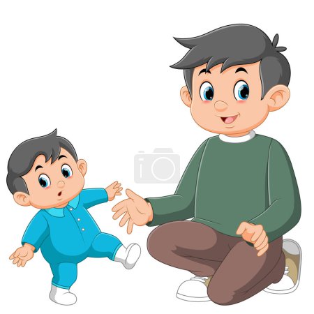 Ilustración de Bebé dando los primeros pasos a su padre de la ilustración - Imagen libre de derechos