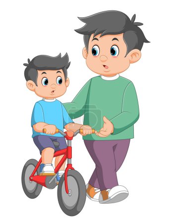 Illustration for Boy learning to ride a bicycle with his father of illustration - Royalty Free Image