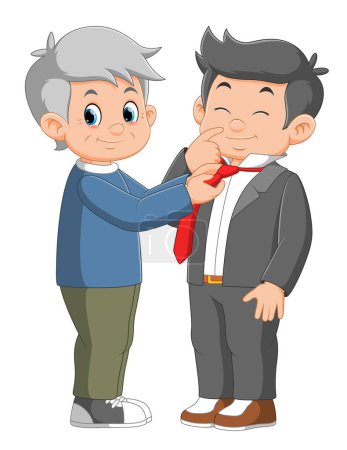 Téléchargez les illustrations : Un grand-père aidant son fils adulte à mettre une cravate d'illustration - en licence libre de droit