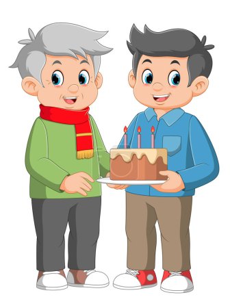 Ilustración de Feliz abuelo consiguiendo un pastel de cumpleaños de ilustración - Imagen libre de derechos