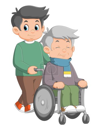 Illustration for The old man on a wheelchair and his adult son of illustration - Royalty Free Image
