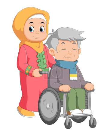 Téléchargez les illustrations : Le vieil homme en fauteuil roulant et sa fille adulte d'illustration - en licence libre de droit