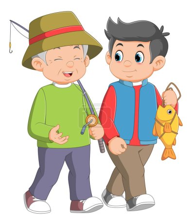 Ilustración de Feliz padre mayor hablando con su hijo mientras pesca de ilustración - Imagen libre de derechos