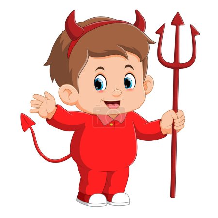 Téléchargez les illustrations : Dessin animé petit garçon en costume diable tenant un lucifer d'illustration - en licence libre de droit