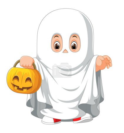Téléchargez les illustrations : Enfant mignon dans un costume fantôme célébrant Halloween de l'illustration - en licence libre de droit