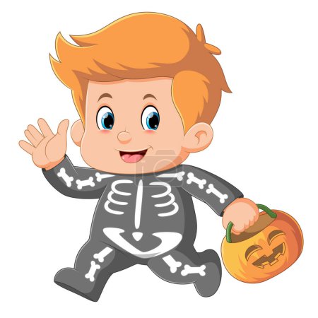 Téléchargez les illustrations : Dessin animé garçon portant halloween squelette costume tenant panier de citrouille d'illustration - en licence libre de droit