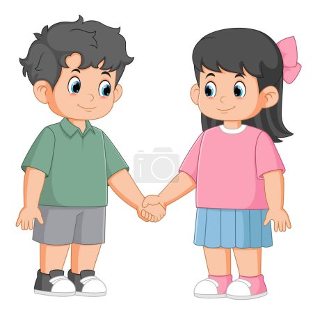 Téléchargez les illustrations : Dessin animé heureux garçon et fille tenant la main de l'illustration - en licence libre de droit