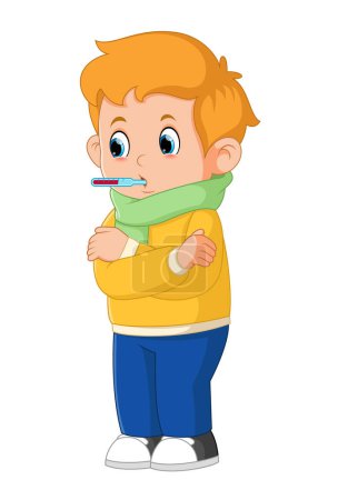 Téléchargez les illustrations : Petit garçon malade avec thermomètre dans la bouche de l'illustration - en licence libre de droit
