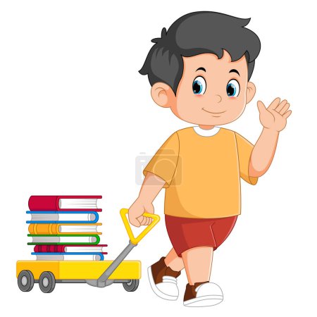 Carrito de dibujos animados niño tirando carro de vagón con montón de libros de ilustración