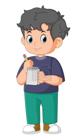 Illustration for Cartoon little boy holding a notebook and pencil of illustration - Royalty Free Image