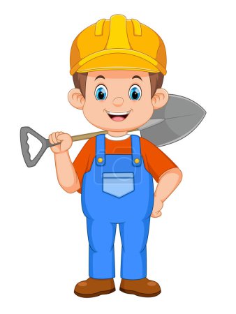 Téléchargez les illustrations : Un ouvrier de la construction tenant une pelle d'illustration - en licence libre de droit
