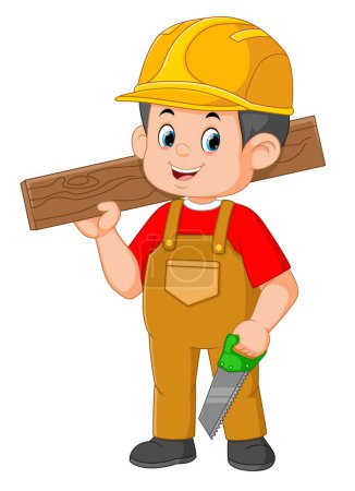 Ilustración de Trabajador de la construcción sosteniendo sierra y madera de ilustración - Imagen libre de derechos
