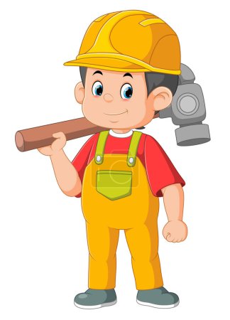 Illustration for Cartoon construction worker carrying a big hammer of illustration - Royalty Free Image
