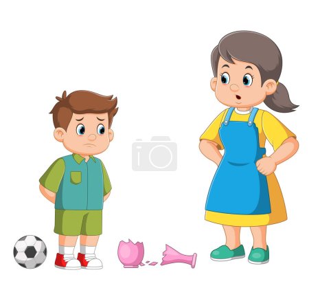 Angry mother scolding sad preschool son kid for breaking vase while playing football of illustration