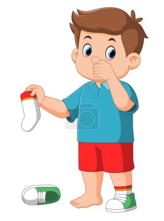 Illustration for Standing boy kid holding dirty smelling sock in hand closing nose of illustration - Royalty Free Image
