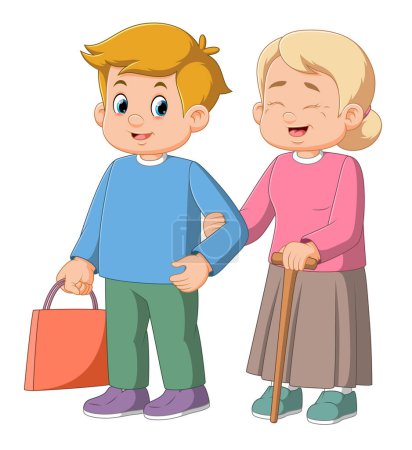 Ilustración de Joven trabajador social ayudando a la mujer mayor con compras de comestibles de ilustración - Imagen libre de derechos