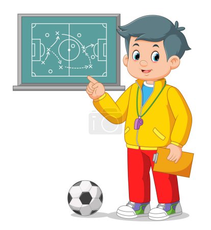 Soccer coach man drawing game plan on chalk board playbook of illustration