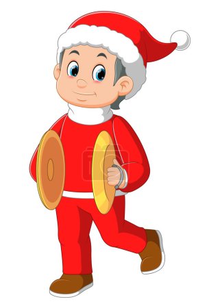 Téléchargez les illustrations : Dessin animé petit garçon en rouge santa vêtements jouer cymbales d'illustration - en licence libre de droit