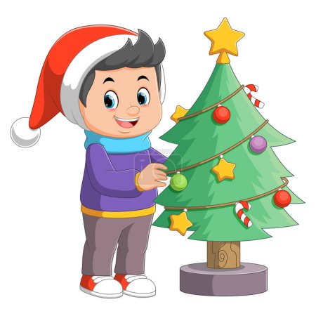 Ilustración de Dibujos animados niño pequeño decorando un árbol de Navidad con bolas de ilustración - Imagen libre de derechos