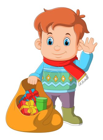 Ilustración de Lindo chico con un saco marrón y regalo sobre un fondo blanco de ilustración - Imagen libre de derechos