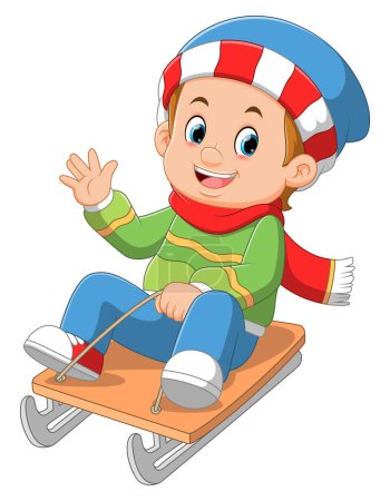 Illustration for Cartoon little boy sledding down a hill of illustration - Royalty Free Image