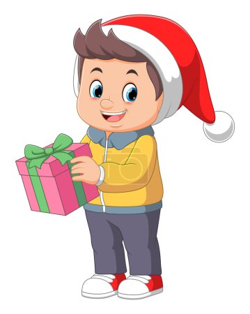 Illustration for Cute boy Wearing blue Winter Coat and holding gift box of illustration - Royalty Free Image