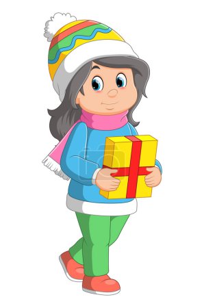 Téléchargez les illustrations : Dessin animé jeune fille en rouge santa vêtements tenant des boîtes-cadeaux d'illustration - en licence libre de droit