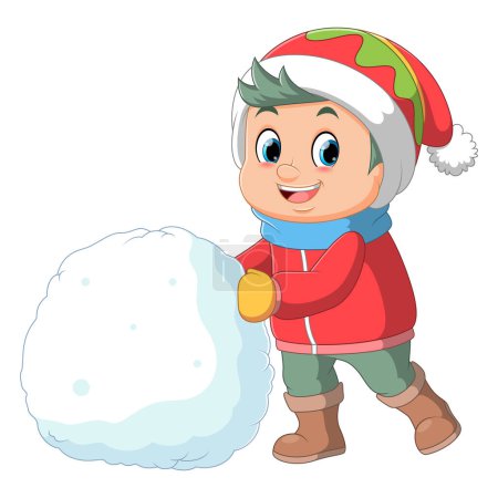 Téléchargez les illustrations : Dessin animé petit garçon en vêtements d'hiver avec grosse boule de neige d'illustration - en licence libre de droit