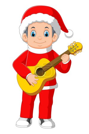 Téléchargez les illustrations : Dessin animé petit garçon en rouge santa vêtements jouer de la guitare d'illustration - en licence libre de droit