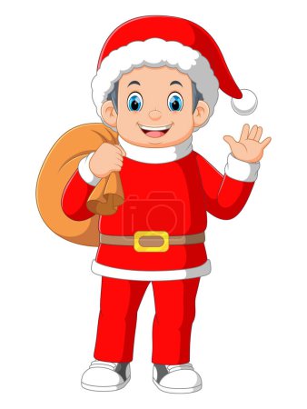 Téléchargez les illustrations : Un garçon porte un costume de père Noël portant un sac d'illustration - en licence libre de droit