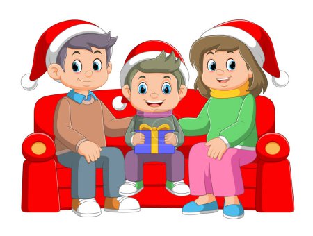 Téléchargez les illustrations : Famille de dessin animé célébrant Noël et assis sur le canapé de l'illustration - en licence libre de droit